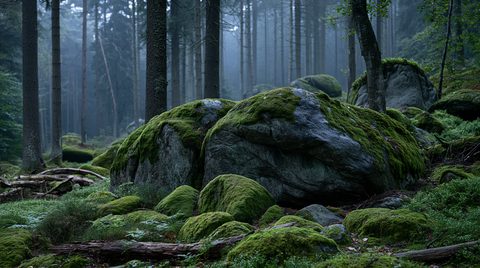 A wide-angle, atmospheric photograph of a misty forest featuring large, rounded granite boulders covered in thick green moss in the foreground, with tall, straight pine trees fading into a dense fog behind them.