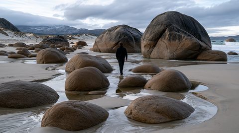 A striking landscape shot of a coastal beach in New Zealand covered in massive, smooth, rounded boulders, with a single person walking through the wet sand under a dramatic, cloudy sky.