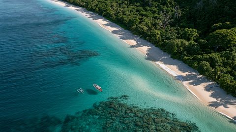High-angle aerial drone photograph of a motorized boat and a traditional outrigger canoe floating over a clear turquoise lagoon with visible coral formations alongside a lush rainforest beach in Vanuatu.