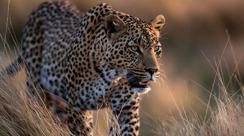 A close-up shot of an African leopard walking forward through tall, dry savanna grass during golden hour, its intense hazel eyes fixed forward as warm light illuminates its rosetted coat.