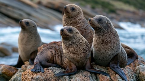 Four juvenile Australian fur seals with wet, textured brown fur sit clustered together on smooth coastal boulders, looking alertly in the same direction against a backdrop of blurred ocean waves