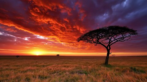 A majestic umbrella acacia tree stands silhouetted against a brilliant, fiery orange and dark purple sunset sky over the sweeping, grassy plains of the African savanna.