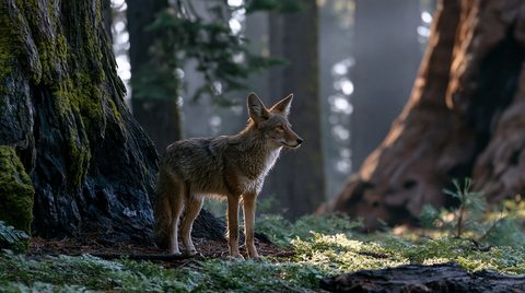A wild coyote stands alert in profile on a mossy forest floor, flanked on the left by a massive, moss-covered tree base and on the right by the sunlit trunk of a giant sequoia, while beams of morning light filter through the misty woods in the background