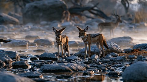 Two alert black-backed jackals standing on slick, mossy river rocks at dawn, backlit by a soft golden fog, while a blurred male impala stands in the misty background.