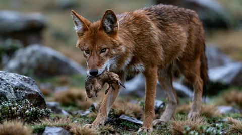 A close-up profile shot of an endangered red-furred Ethiopian wolf walking through short, frost-tipped alpine grass with a freshly caught big-headed giant mole-rat clamped firmly in its jaws.