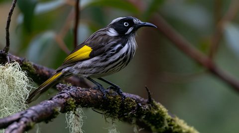 A profile shot of a New Holland Honeyeater with black, white, and gray streaked feathers and a bright yellow wing patch perching on a mossy branch covered in pale lichen in Tasmania.
