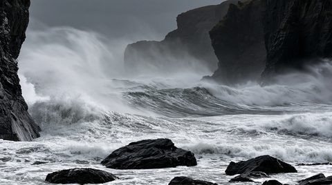 A dramatic black and white photograph of massive, powerful ocean waves crashing violently between dark, steep sea cliffs during a coastal storm.