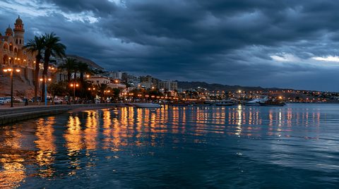 A dramatic blue hour photograph of the Aqaba harbor in Jordan, featuring vibrant city lights reflecting on the calm sea under a dark, cloudy sky.