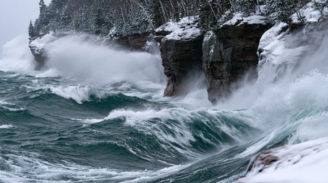 A dramatic, wide-angle landscape photograph of powerful, deep-green waves crashing with massive white foam against towering red sandstone cliffs covered in deep snow and ice under a heavy, overcast winter sky.