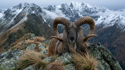 A close-up, front-facing portrait of a massive wild ram with large, spiraled horns resting on a rocky, grassy ridge in the High Tatras of Slovakia, with dramatic snow-capped mountains in the background.