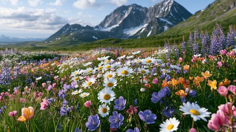 A vibrant carpet of subalpine wildflowers, featuring prominent white oxeye daisies, purple lupines, and orange-pink blossoms, blankets a lush green meadow under a partly cloudy sky with jagged, snow-dusted mountain peaks rising sharply in the background.