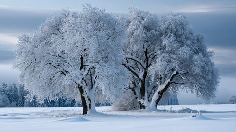 Two large, mature deciduous trees heavily encrusted with thick rime ice stand side-by-side in a vast, snow-covered field under a low, dramatic winter sky.