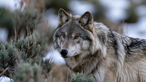 A close-up profile portrait of a beautiful gray wolf with thick winter fur and piercing amber eyes, standing alert amidst frosted sagebrush in a winter landscape.