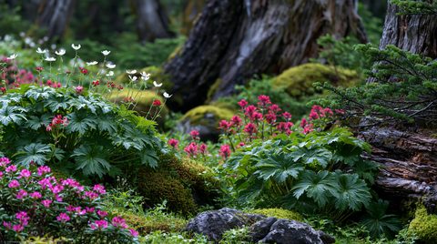 A sharp landscape photograph of a subalpine meadow featuring white pasqueflowers and magenta indian paintbrushes growing among green plants at the base of massive, textured tree trunks.