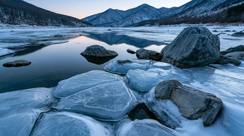 Large, smooth, translucent blocks of river ice freeze around dark shoreline boulders, while a calm channel of water reflects distant snow-dusted mountains under a pale twilight sky.