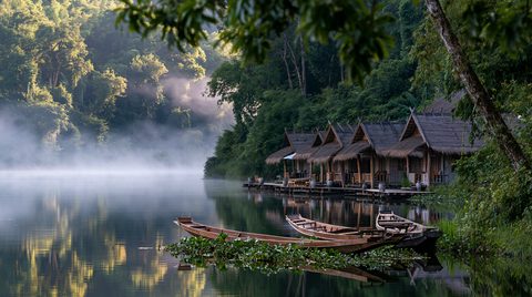 A serene morning view of floating wooden villas with thatched roofs along a misty river flanked by dense green jungle under soft sunrise light in Kanchanaburi, Thailand.