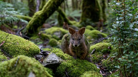 A sharp close-up photograph of a compact Tasmanian pademelon crouching on a moss-covered forest floor within a dense, green temperate rainforest in Cradle Mountain, Tasmania.