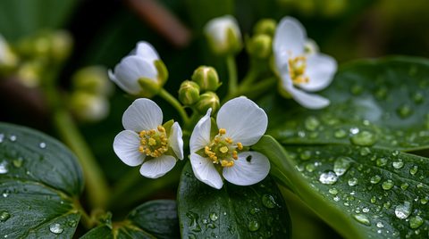 A crisp macro photograph focusing on delicate white four-petaled flowers with bright yellow centers, nestled among thick, dark green leaves heavily coated in clear, glistening water droplets.