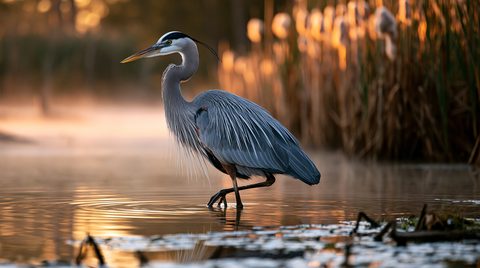 A stately great blue heron stands perfectly poised on one leg in a shallow, misty wetland during sunrise, its slate-blue feathers and sharp bill reflecting beautifully in the golden water alongside soft focus cattails
