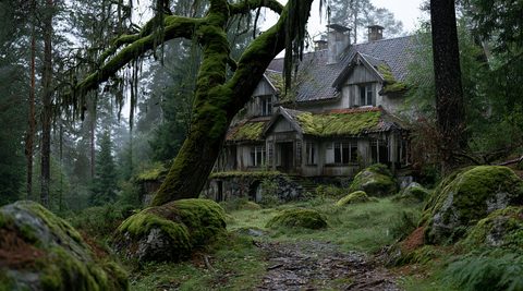 An abandoned, moss-covered two-story wooden manor house tucked deep inside a foggy, green pine forest with a large gnarled tree in the foreground.