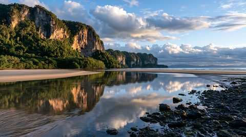 A scenic wide-angle view of massive limestone cliffs reflected perfectly in a tranquil low-tide pool on a sandy beach under a cloudy blue sky in Krabi, Thailand.