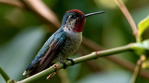 An ultra-sharp close-up photograph of an adult male bee hummingbird perched in profile on a slender green plant stem. The bird features a brilliant crimson-red crown and throat gorget, a crisp white chest, and vibrant iridescent turquoise and blue feathers covering its back and wings. Its long, slender black beak points to the right. The foreground and background are filled with a creamy, soft-focus bokeh of rich green tropical jungle leaves.