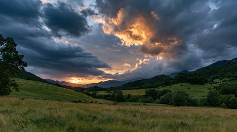 A spectacular wide-angle landscape photograph of a green mountain valley in Bosnia at sunset, featuring a dramatic stormy sky illuminated by golden and fiery orange light.