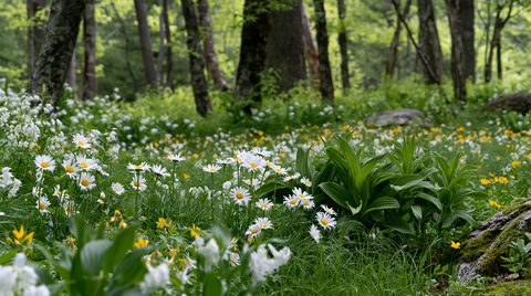 A low-angle landscape photograph of a lush New England forest floor covered in a vibrant field of white oxeye daisies, yellow wildflowers, and broad-leafed green plants under a canopy of soft-focus trees.