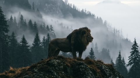 A full-body profile shot of a powerful male lion with a thick, dark mane standing on a rocky, moss-covered mountain peak, looking out over a deep valley filled with dense pine forests and swirling white fog under an overcast sky.