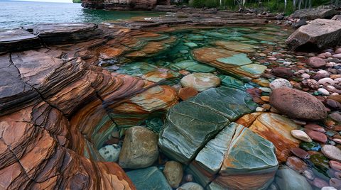 A low-angle wide shot of a rocky shoreline featuring tiered, colorful orange and brown sandstone shelves and shallow pools of clear teal water filled with smooth, green and red stones.