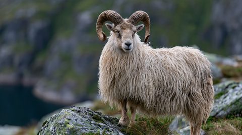A majestic, long-wooled ram with large, spiraling horns stands proudly on a moss-covered boulder. The ram has a thick, shaggy cream-and-tan fleece that hangs down its body, a pale face, and clear eyes looking directly at the camera. The foreground shows rugged rocks with green moss and sparse grass. The background features a dramatically soft, out-of-focus view of deep green cliffs and the dark waters of a coastal fjord under an overcast sky.