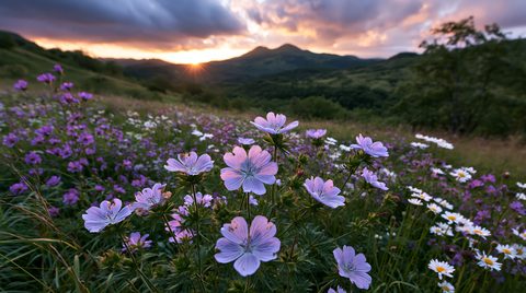 A vibrant wide-angle landscape photograph of purple wildflowers blooming in a mountain meadow in Bosnia at sunrise, with a dramatic, colorful sky over rolling peaks in the background.