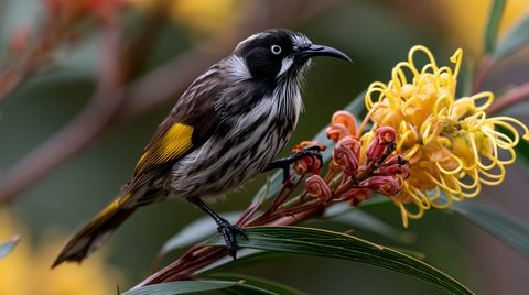 A New Holland Honeyeater with black, white, and gray streaked feathers and a gold patch on its wing perches on a branch next to a large yellow Grevillea flower in Tasmania.