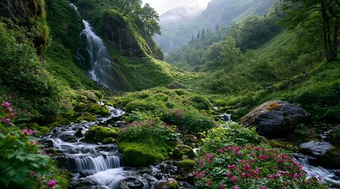 A lush, green mountain valley featuring a rushing, rocky stream in the foreground surrounded by vibrant pink and yellow wildflowers, with a pristine waterfall cascading down a steep rocky cliff side in the background under a misty sky.