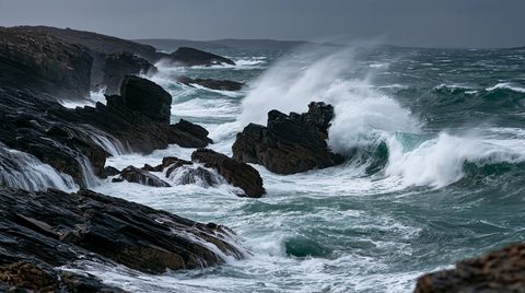 A dramatic, action-oriented coastal photograph capturing large, powerful sea waves crashing violently against dark, jagged rocky cliffs under a dark gray sky. A massive wave explodes into white foam and sea spray against a cluster of sharp rocks in the center, while smaller torrents of water cascade down the wet, stratified stone shelves on the left. The deep teal and emerald ocean churns heavily with swirling foam across the entire mid-ground.