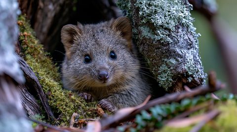 A crisp, close-up photograph of a small brown Eastern quoll peering curiously out from a mossy tree hollow covered in pale lichens in Tasmania.