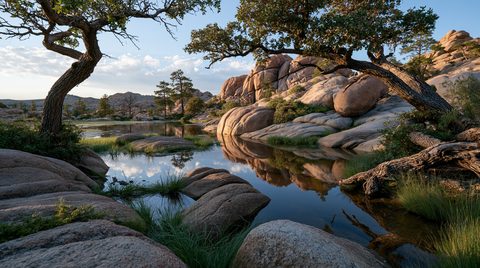 A scenic wide-angle view of a glassy, mirror-calm desert reservoir nestled among giant, rounded pink granite boulders, framed by weathered scrub oak trees under a clear blue morning sky.