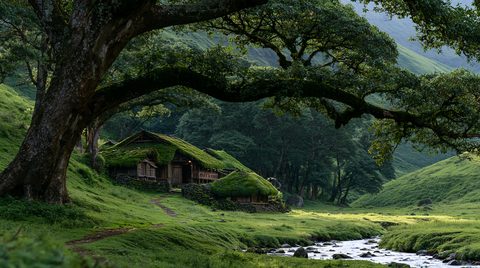 A low-angle landscape featuring a moss-covered traditional stone house tucked beneath a colossal, sprawling green tree, flanked by rolling emerald hills and a rocky, rushing stream winding through the foreground pasture.