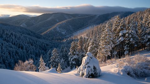 A sweeping winter landscape in Montana featuring a snow-covered mountain valley filled with dense forests of pine and fir trees, with a pristine snowdrift in the foreground under soft evening light and low clouds brushing the peaks.