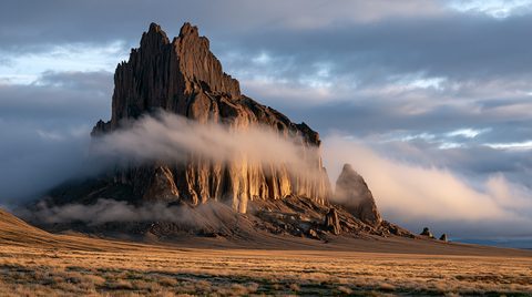 A dramatic wide-angle shot of the towering Shiprock volcanic formation in New Mexico at sunrise, featuring vertical basalt cliffs glowing in golden sunlight, partially wrapped in low-lying white fog above a vast, grassy desert plain under a cloudy sky.