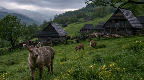 A group of young deer grazing on a lush green hillside dotted with yellow flowers next to historic, dark wooden log cabins under a moody, overcast Slovakian sky.