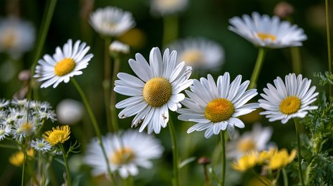 A shallow depth of field close-up captures several wild white daisies with bright yellow button centers swaying in a field, accompanied by tiny clustered white and yellow wildflowers against a soft, out-of-focus green background.