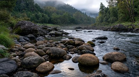 A scenic landscape view of a rushing wild river filled with large rounded river stones in the foreground, bordered by a dense, mist-covered green rainforest valley in Tasmania.
