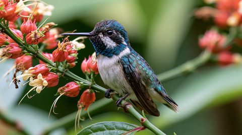 An ultra-sharp close-up photograph of a tiny male bee hummingbird perched elegantly on a green, thorny plant stem. The bird features a dark iridescent blue-green crown, a striking white throat patch bordered by deep blue plumage, and a speckled turquoise and white belly. It is surrounded by a dense cluster of tubular, coral-pink and yellow blossoms on the left, with the background beautifully blurred into a soft, out-of-focus palette of rich tropical greens and muted pink hues.