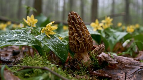 A dramatic, low-angle macro shot of a freshly sprouted yellow morel mushroom standing in mossy damp soil, flanked by moisture-slicked green leaves and blooming yellow trout lilies dotted with fresh rain drops under a soft-focus forest canopy.