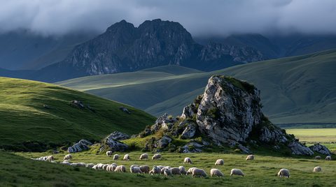 A breathtaking landscape photograph in New Zealand showing a flock of sheep grazing on a vibrant green hillside near a massive rocky outcrop, with rolling green downs and a jagged, dark mountain range shrouded in low clouds in the background.