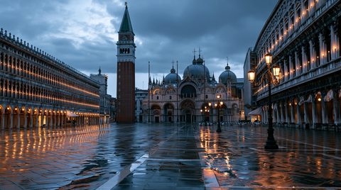 A dramatic twilight view over a wet, empty St. Mark's Square in Venice after a rainstorm, with the illuminated Procuratie arcade, St. Mark's Campanile, and the domes of St. Mark's Basilica reflecting beautifully across the glistening stone pavement under a stormy sky.