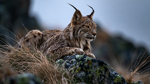 A close-up profile photograph of a Eurasian lynx crouched on a moss-spotted boulder among dry alpine grass against a misty mountain background in the High Tatras of Slovakia.