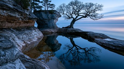 A low-angle landscape photograph at blue hour showing a solitary gnarled tree on a rocky sandstone shelf next to a pristine pool of water that perfectly mirrors its branches and a distant rock stack along a calm lake coast.