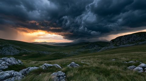 A dramatic wide-angle landscape photograph of a rocky mountain plateau in Bosnia under a massive, dark shelf cloud storm with golden sunset light illuminating the horizon.